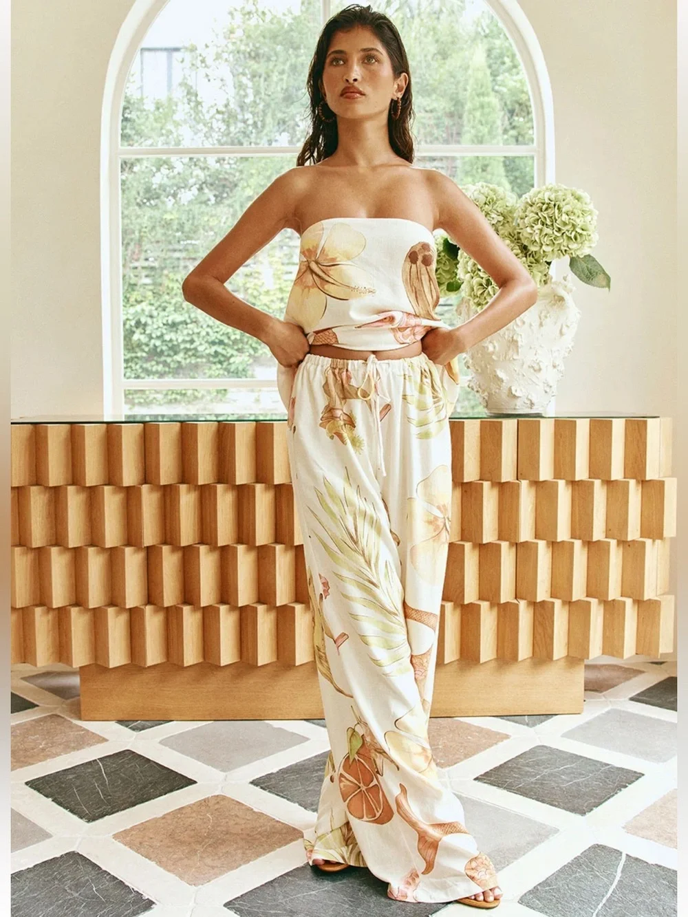 SABO 2 Piece Kaia Linen Blend Strapless Top & Relaxed Pant in Island Time